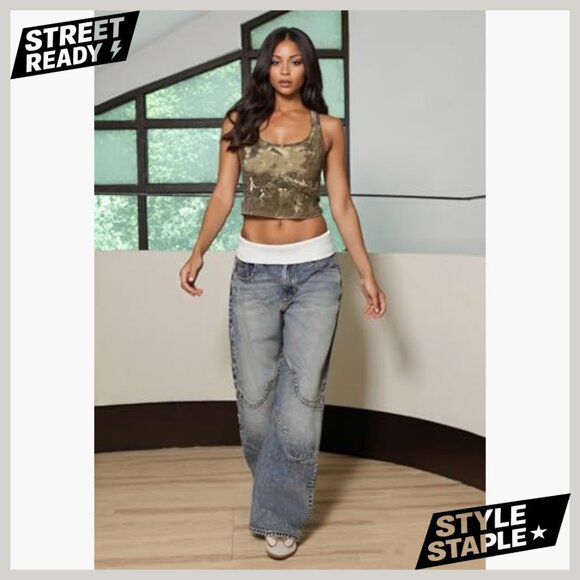 Wide Leg Barrel Jeans High Waisted Stretchy Denim Patchwork Cargo Pants - Picture 4 of 7